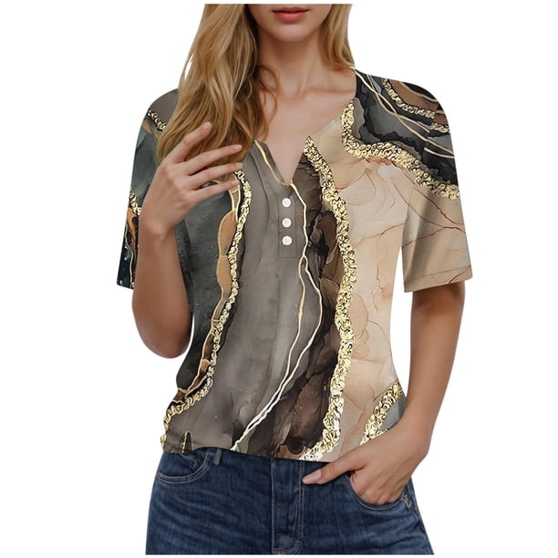 Blusas de Manga Corta para las Mujeres Impresas 3/4 Manga Cuello Redondo Blusa Casual, Ligero Diario Superior