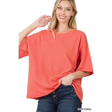 Zenana Plus Cotton French Terry Drop Shoulder Raw Edge Relaxed Casual Solid Tee Shirt Top price history on PriceWatchPro