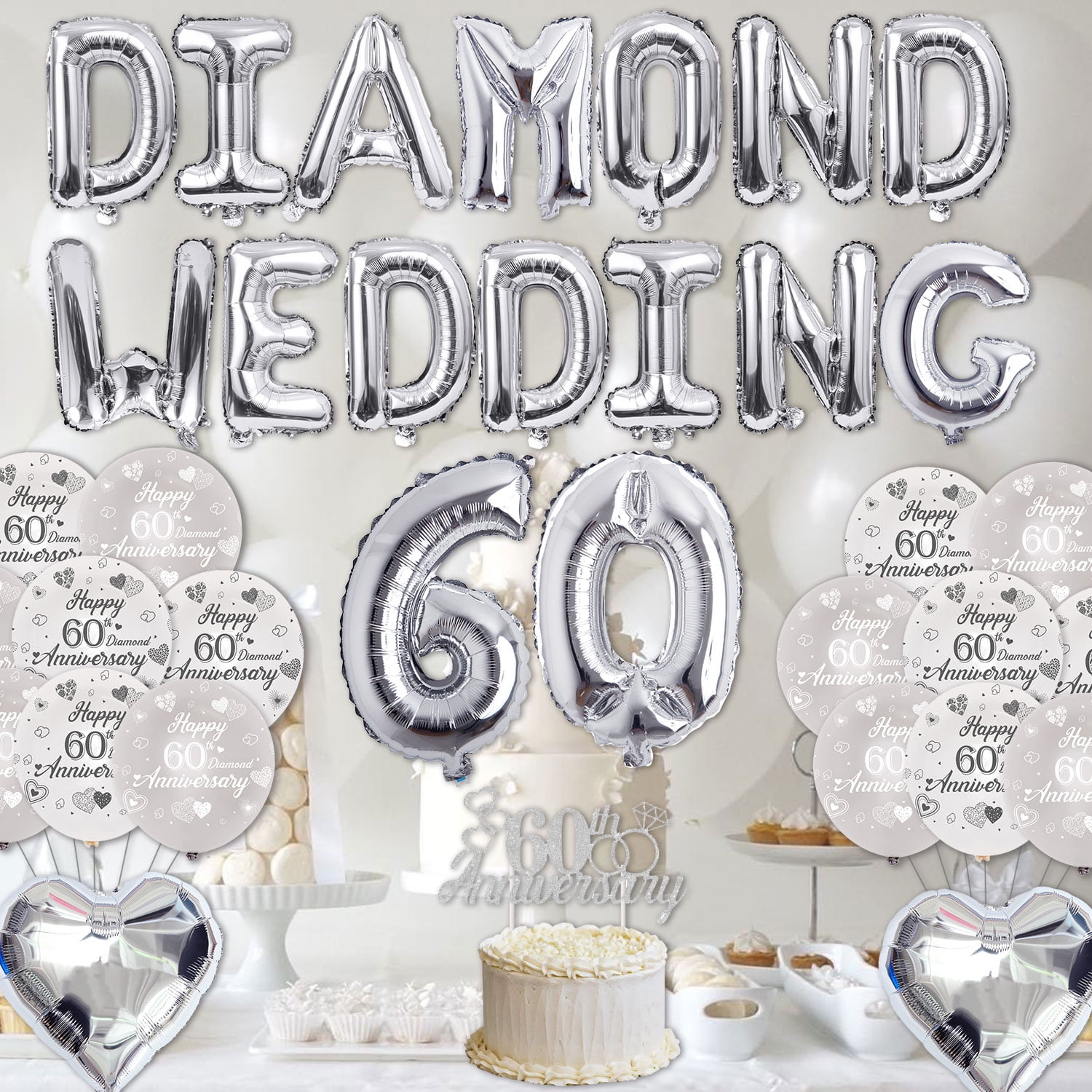 60th Diamond Wedding Anniversary Silver Decorations with Heart-shaped  Printing Balloon, Glitter Love Banner and Hanging Swirls - AliExpress