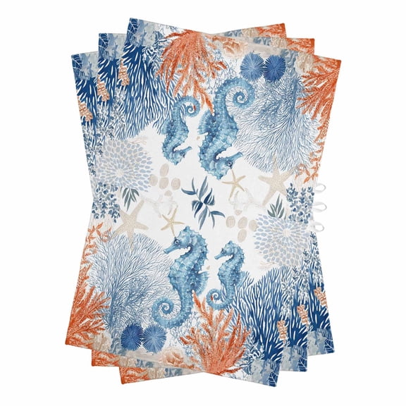 Blue Red Seahorse Coastal Kitchen Towels Set of 3, Water Absorbent Dish Towel, Summer Beach Coral Nautical Decorative Hand Towels - Quick Drying Cloth for Cooking Baking, 18x28 Inch