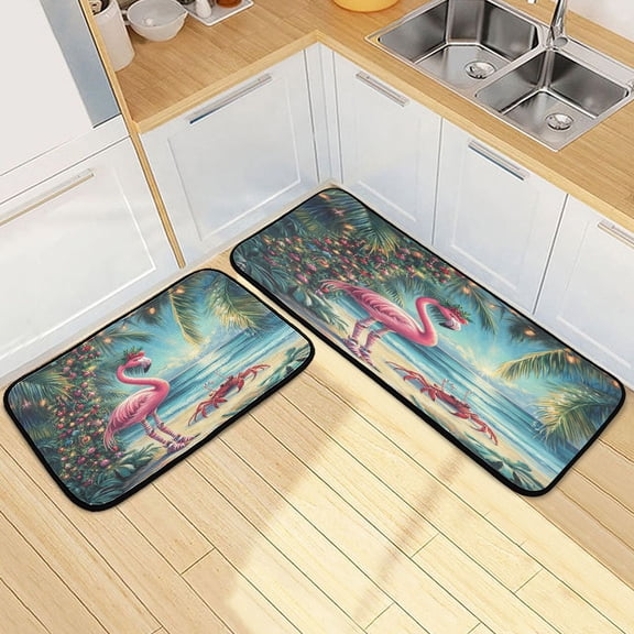 Kitchen Rugs and Mats【2 PCS】Non Skid Chrismas Pink Flamingo Creative Kitchen Mat