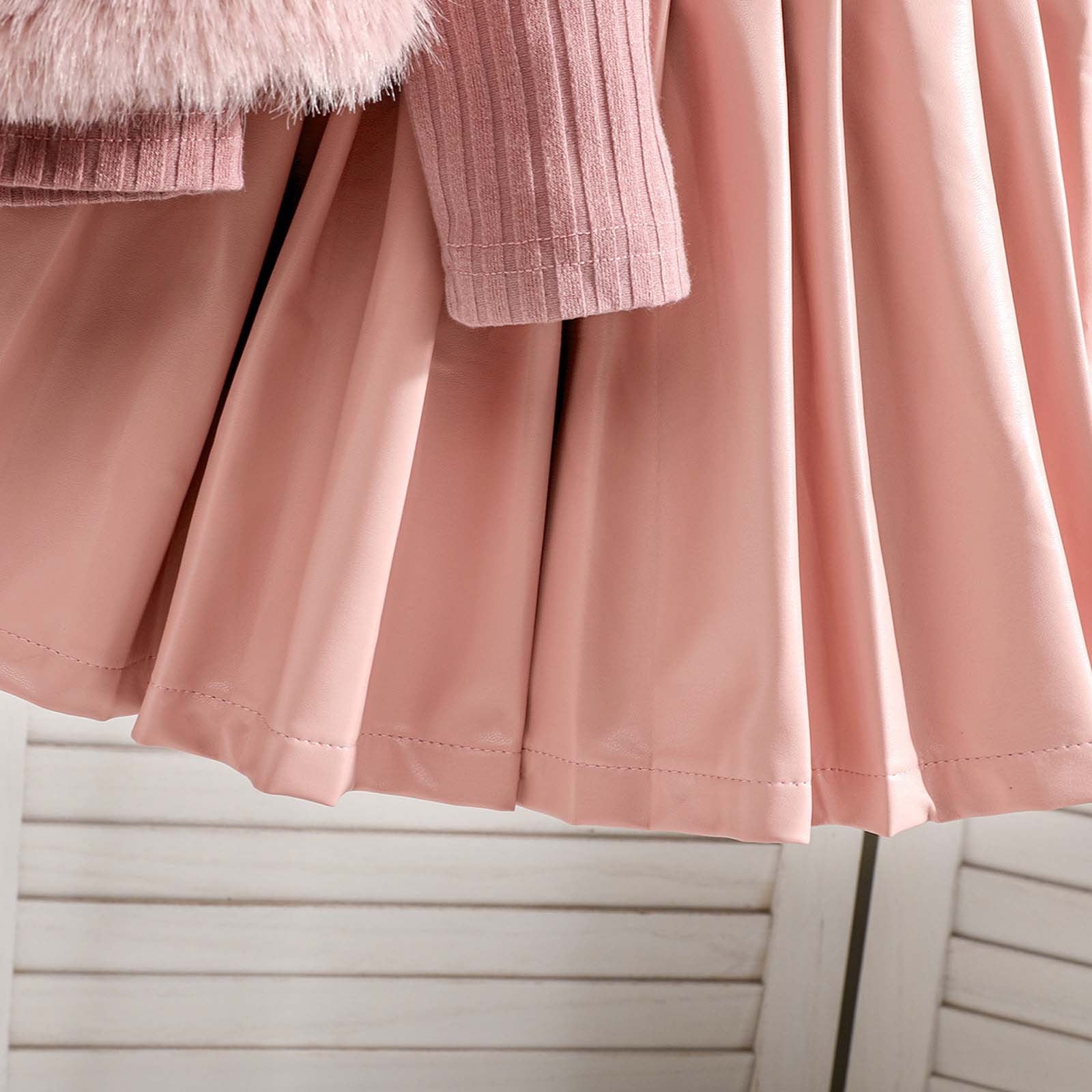 MEZZALL Girls Outfits Set Vest Long Sleeve Round Neck Tops PU Leather Pleated Skirt 3 Piece Outfits For Toddler Kids Birthday Cartoon Clothing