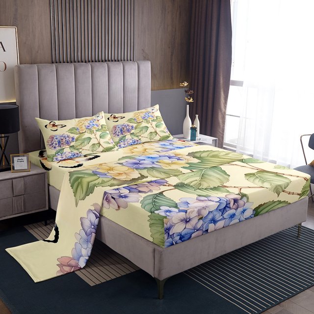 Spring Floral Bed Sheets Set For Girls Rustic Hydrangea Flower Queen Size Sheet Sets,Kawaii Wild Butterfly Bed Set Beige Fitted Sheet Green Leaves Top Sheet Floral Home Decor,Cozy 4pcs