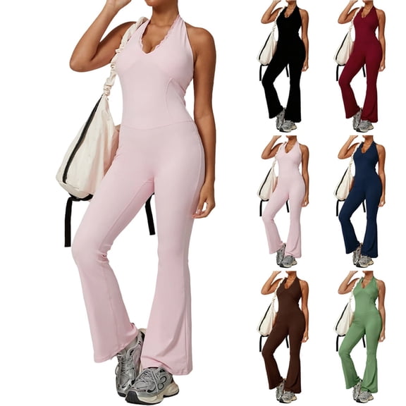 EGNMCR Womens Flare Jumpsuit with Bra Tummy Control Cutout Romper Workout Outfit Sleeveless Unitard One Piece Backless Bodysuit