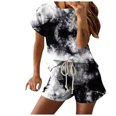 

Pgeraug pants for women Tie-dye Gradient Color Pajamas Short-Sleeved Loungewear Set Homewear jumpsuits for women Black 2XL