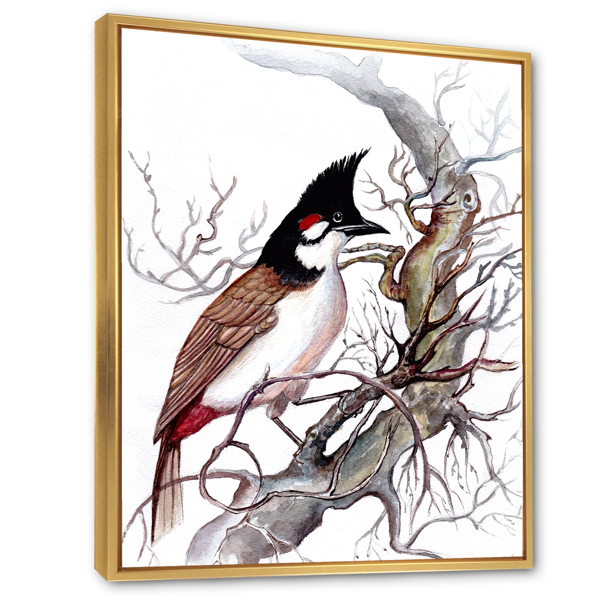 Designart 'Ancient Beautiful Bird On A Branch' Traditional Framed Canvas Wall Art Print