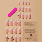 Press on Nails Long Square Shape Nails White Acrylic Nails Glossy Glue on Nails French False Nail Tips with Butterfly Charms and White Flowers Design for Women and Girls, 24Pcs