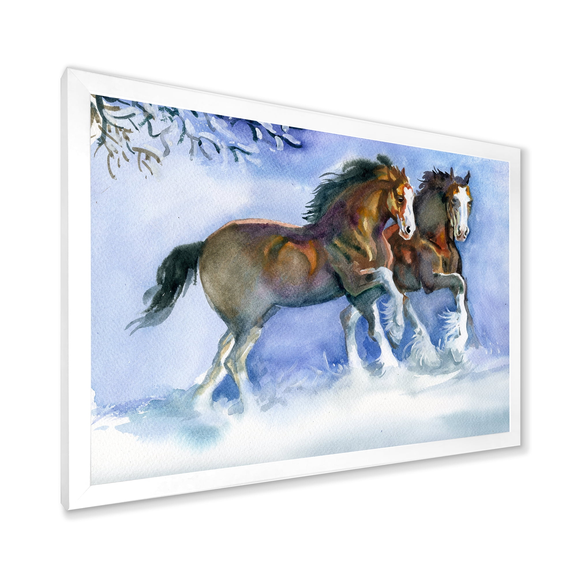 Designart 'Horses Running In Winter On Blue' Farmhouse Framed Art Print