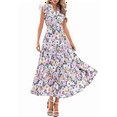 thumbnail image 2 of V-Neck Pleated Flying Sleeves Printed Midi Dress Picture5 S, 2 of 7