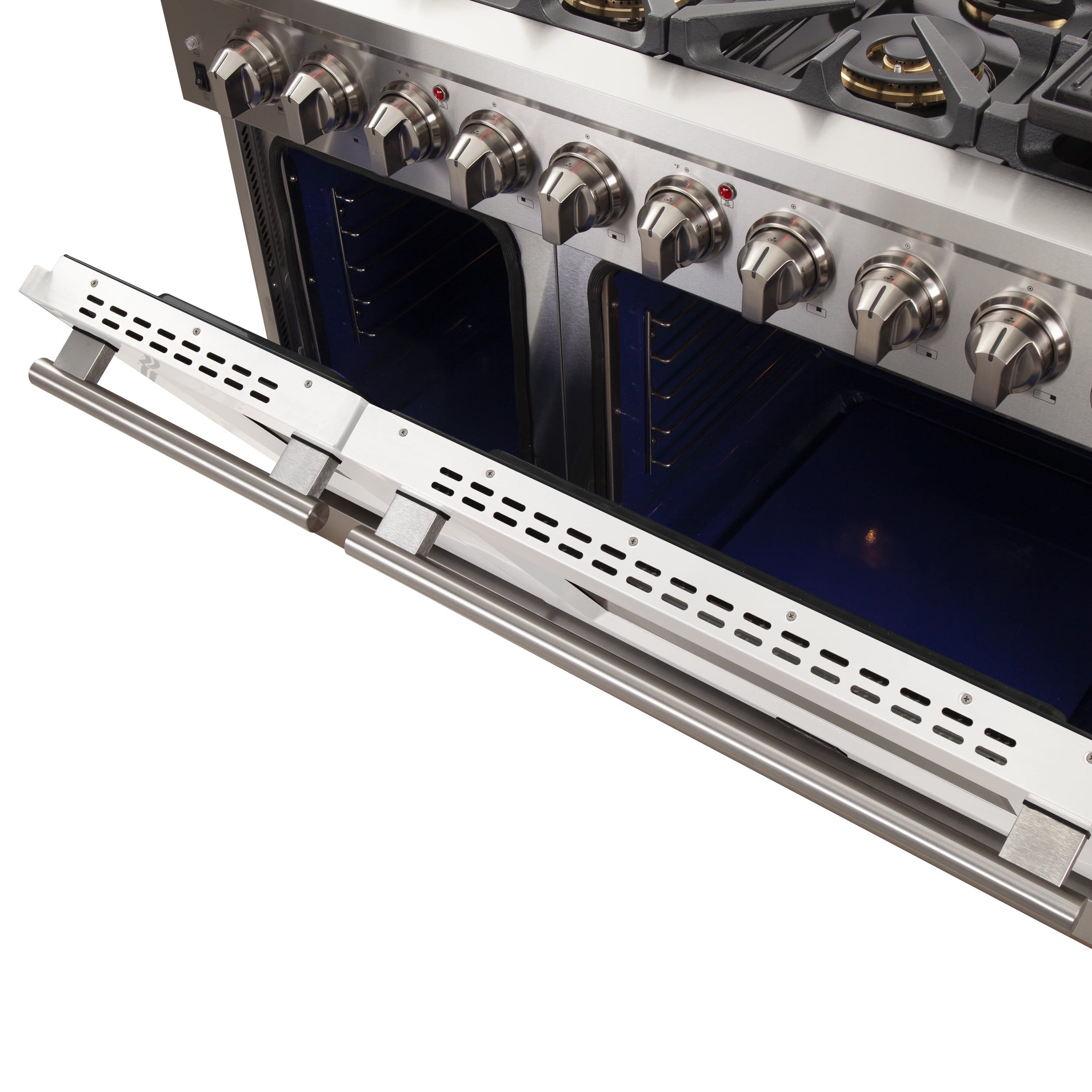 FORNO Capriasca 48-inch Gas Range Stainless Steel, 8 Brass Burners 160,000 BTU, 6.58 cu.ft. Double Oven, White Doors
