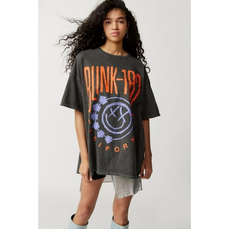 Urban Outfitters Women's X Blink 182 Oversized Relaxed Fit Tee T-Shirt Dress (Small/Medium, Washed Vintage Black)