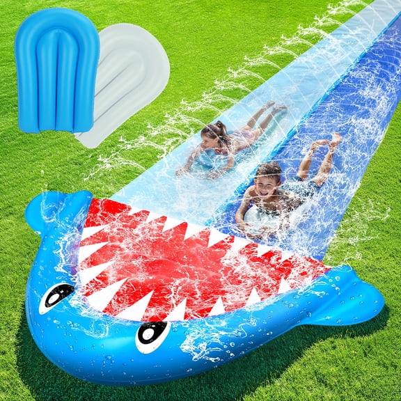 TOY Life Giant Shark Water Slides for Kids 20Ft Waterslide Backyards Lawn with 2 Bodyboards, 2 Lane Slip Splash and Slide Summer Toys with Built-in Sprinkler for Backyard Outdoor Shark Water Toys Fun