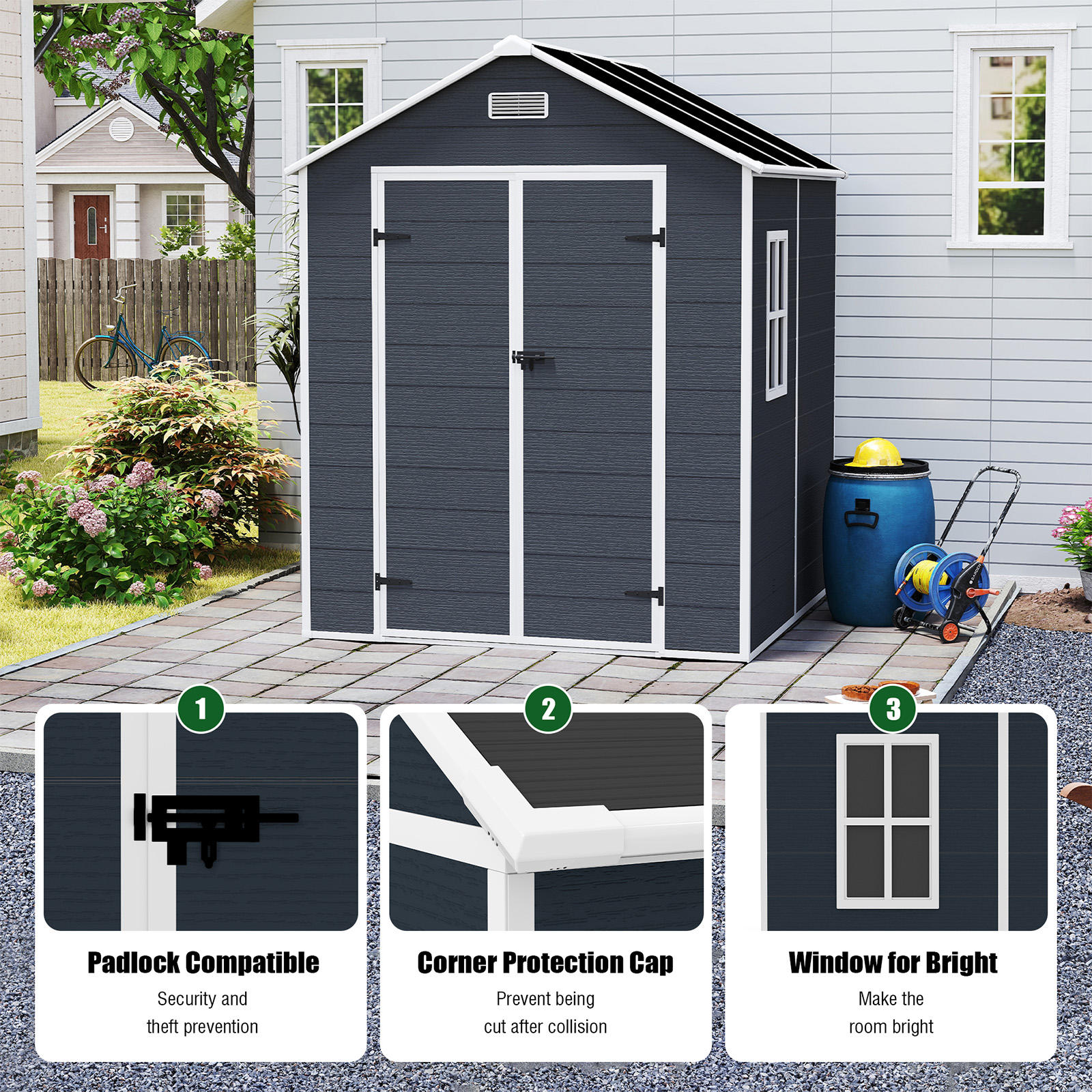 6x6 FT Resin Outdoor Storage Shed, Waterproof Plastic Garden Shed, Large Storage Space, Lockable Doors & Windows, Plastic Tool Shed, 12mm Thick PP Board (4X8 FT)