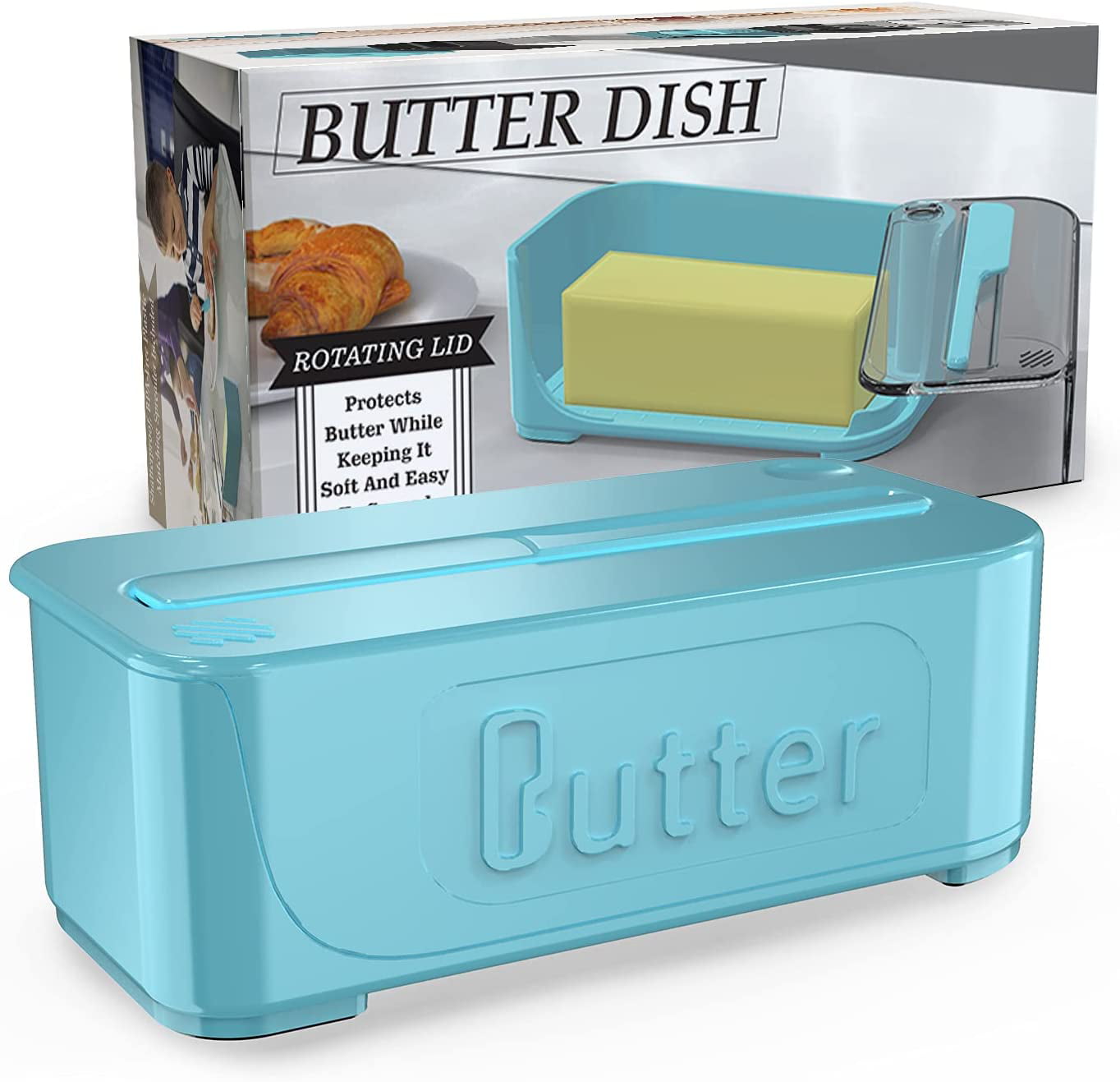 Plastic Dishwasher Safe No Mess Lid Butter Dish with Lid and Knife Blue Perfect for East West Coast Butter Easy Scoop Cute Butter Keeper Container with Lid for Countertop 