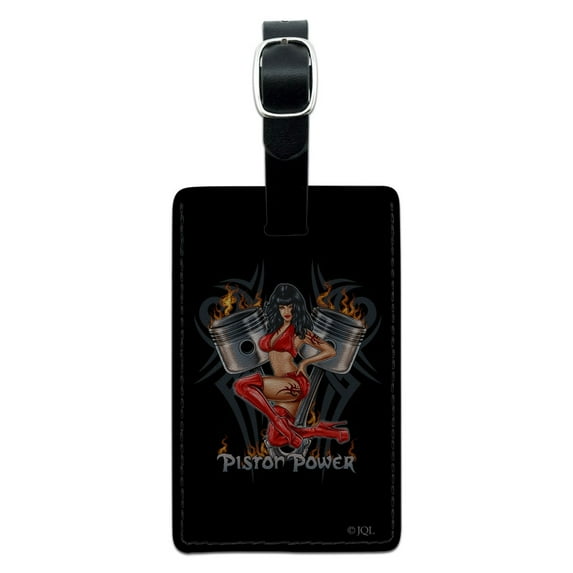 Piston Power Motorcycle Chopper Biker Rectangle Leather Luggage Card Suitcase Carry-On ID Tag