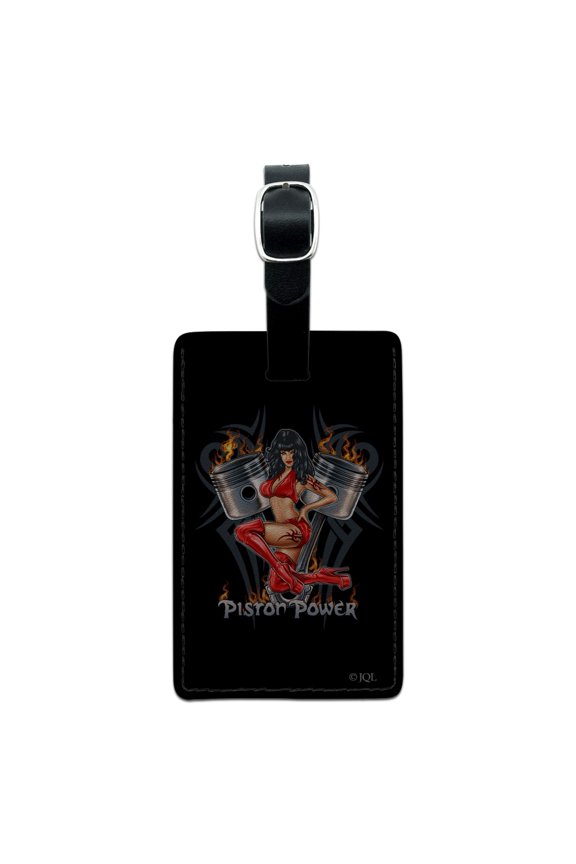 Piston Power Motorcycle Chopper Biker Rectangle Leather Luggage Card Suitcase Carry-On ID Tag