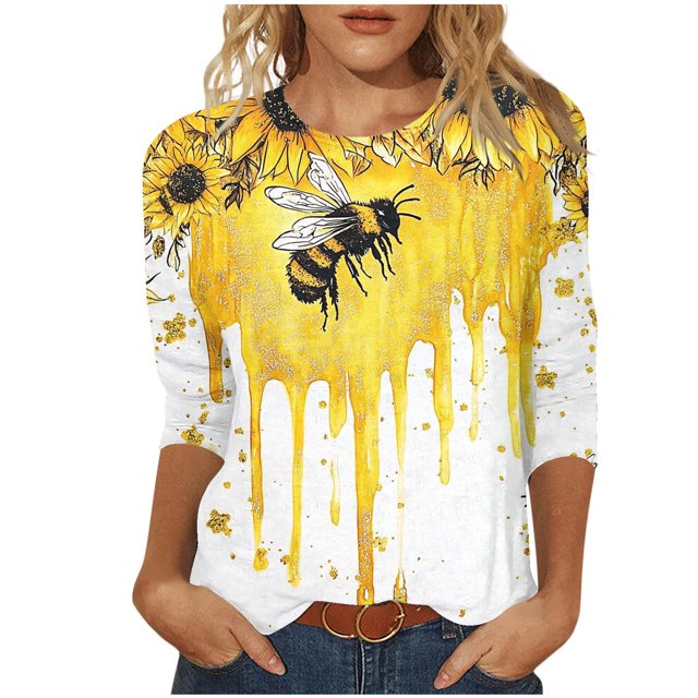 YanHoo Hauts à Manches 3/4 pour Femmes 2025 T-Shirts Imprimés Abeille Amusante Coupe Ample Col Rond T-Shirts chandail-Overs d'Été pour Femmes Hauts Décontractés à Manches 3/4 Coupe Ample
