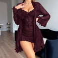 thumbnail image 2 of JSGEK Women Sheer Robe and Chemise Dress 2 Piece Set Lace Trim Belted Waist Nightwear Lingerie Set Red XL, 2 of 7