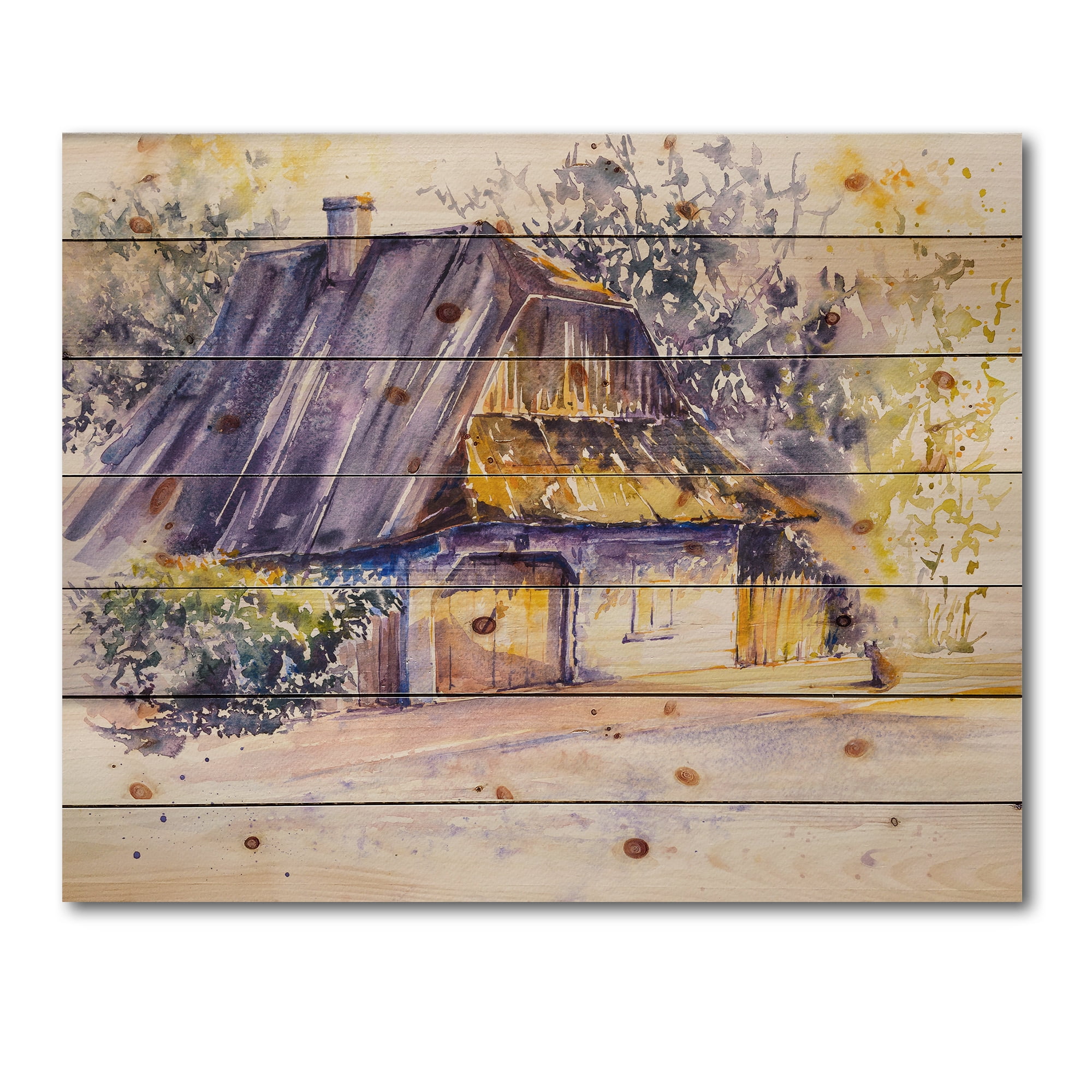 Designart 'Old Wooden White House In Country Side Village During Afternoon Glow' Traditional Print on Natural Pine Wood
