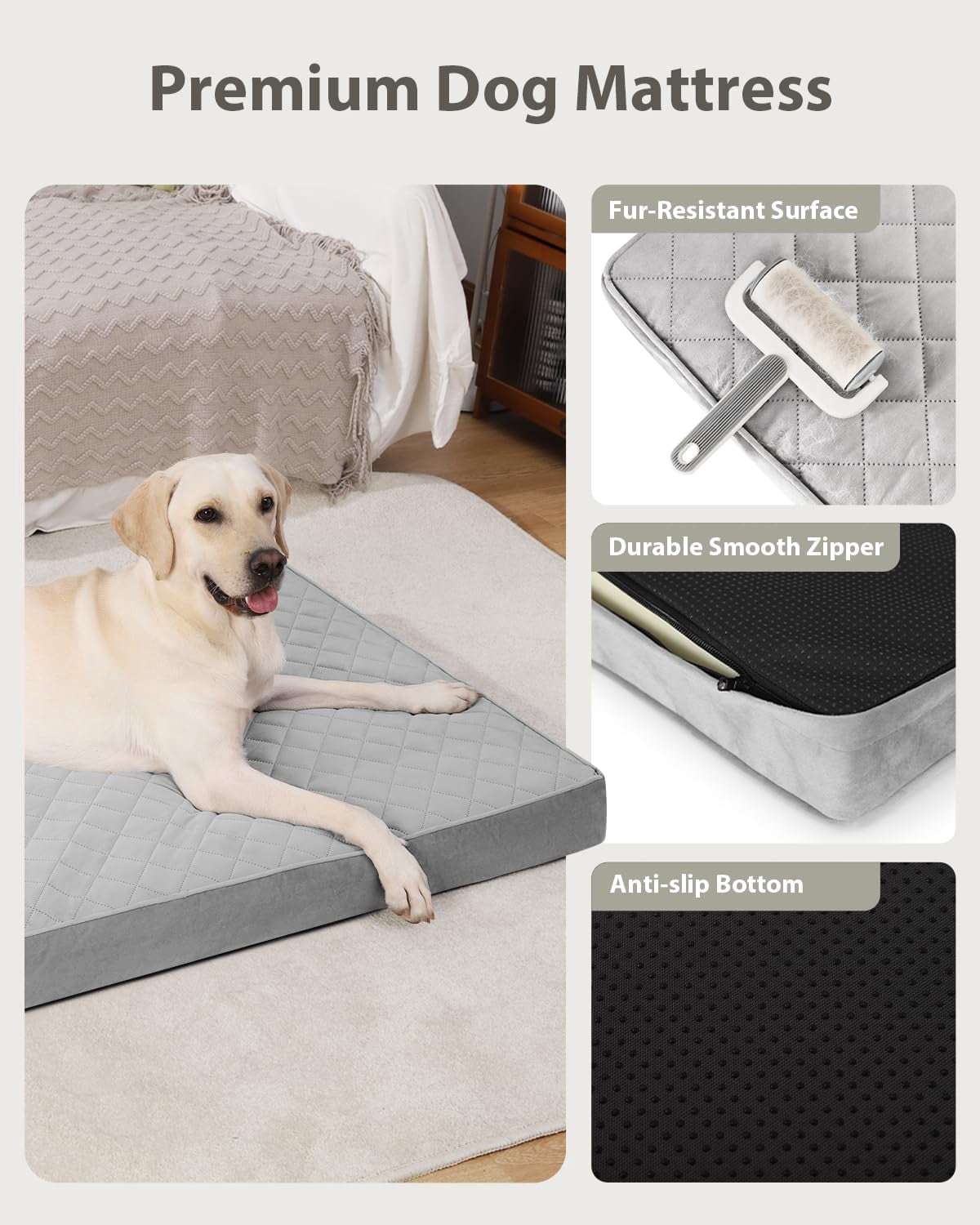 Extra Large Dog Bed Light Gray 41"L x 27"W x 3.5"Th Orthopedic Waterproof with Removable Cover