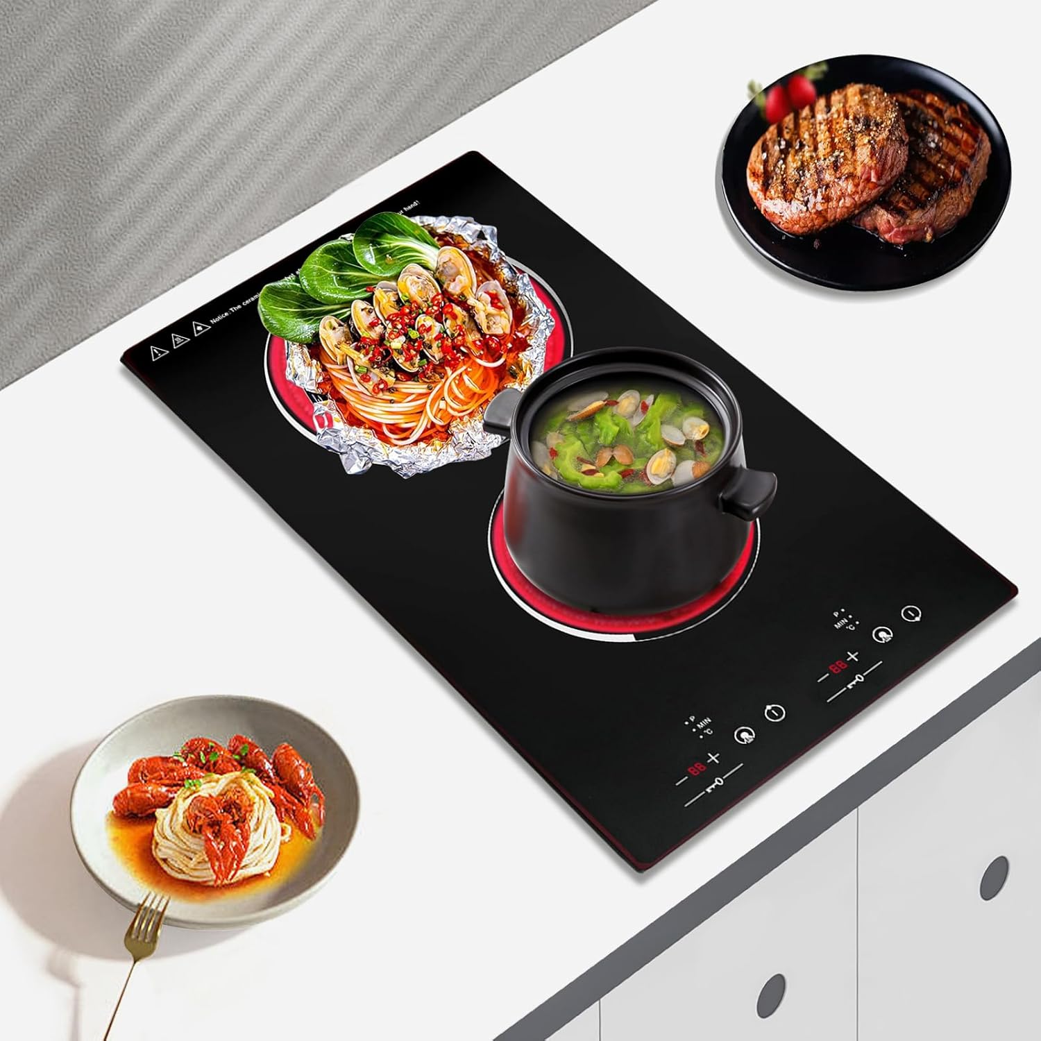 1500W Electric Cooktop Electric Stove Top with LED Display 110V Intelligent Control Built-in Cooktop 9 Heating Level Sensor Touch Control for Kitchens (2 Burners)