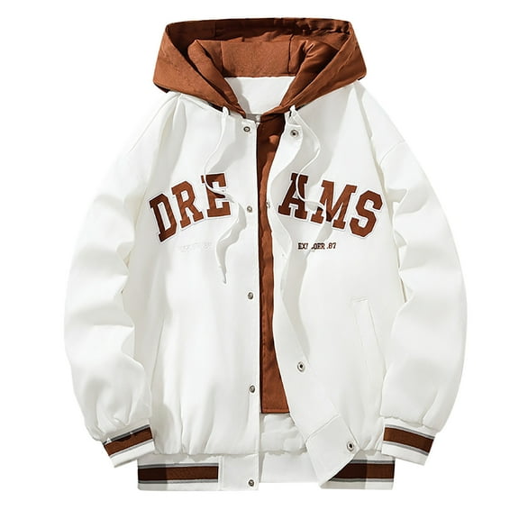 Jackets Tops For Men Casual Hooded Street Trend Baseball Clothing Embroidered Mens Autumn And Winter Jackets,Beige,XL