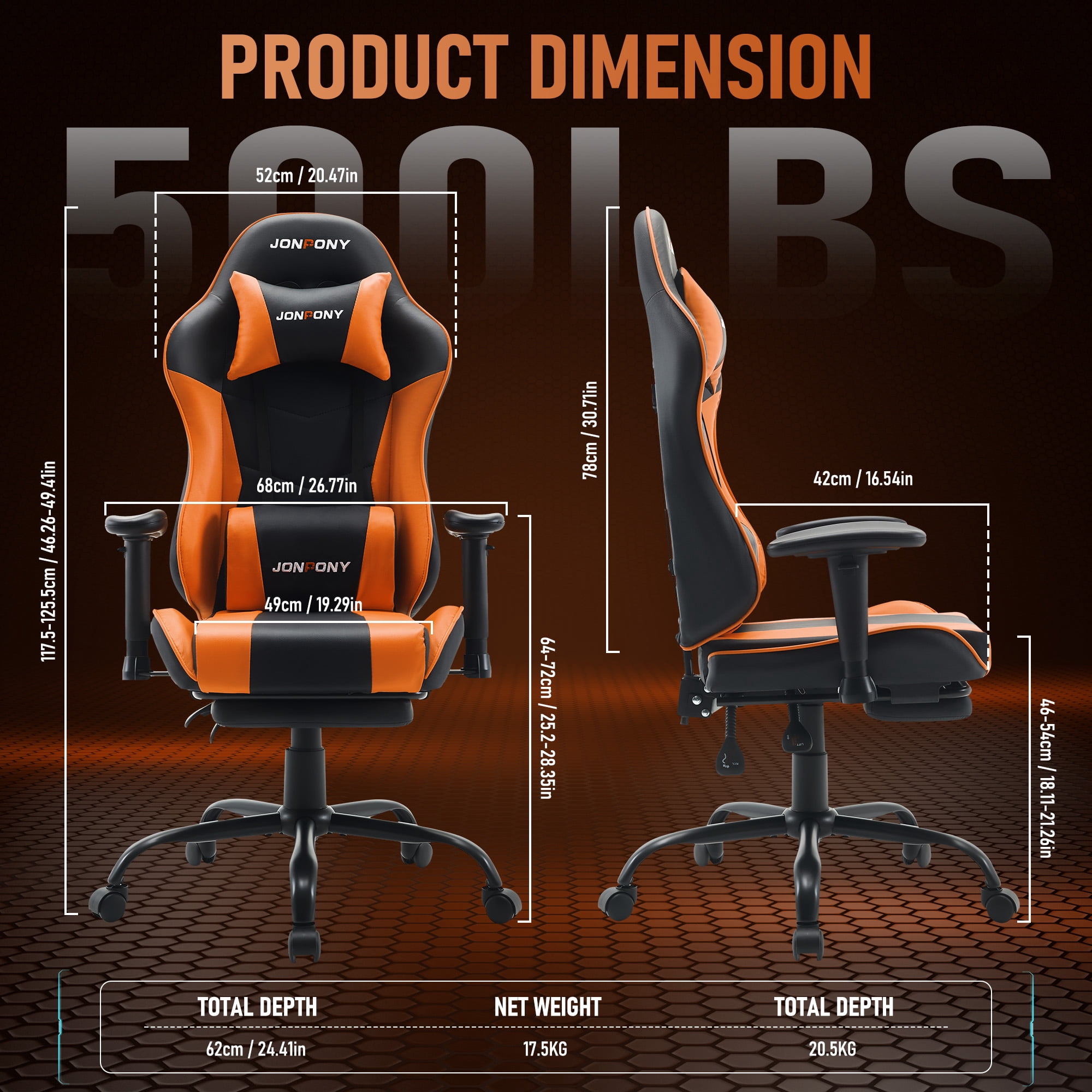 JONPONY Big and Tall 500LBS Gaming Chair with Footrest and Lumbar Support, High Back Ergonomic Recliner,Height Adjustable Leather Computer Desk Chair for Home Office, Orange