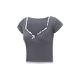 thumbnail image 4 of Mialoley Hauts Courts en Dentelle pour Femmes Manches Courtes Col Cœur Mini Nœud devant T-Shirt Slim Doux, 4 of 9