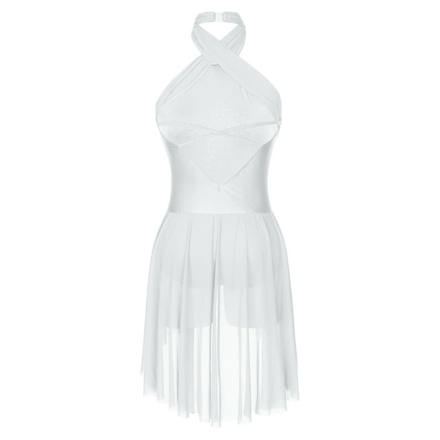 Hansber Women Cross Front Ruched Lyrical Dance Dress Rhinestone Backless Modern Ballroom Contemporary Dance Costumes F1032White M