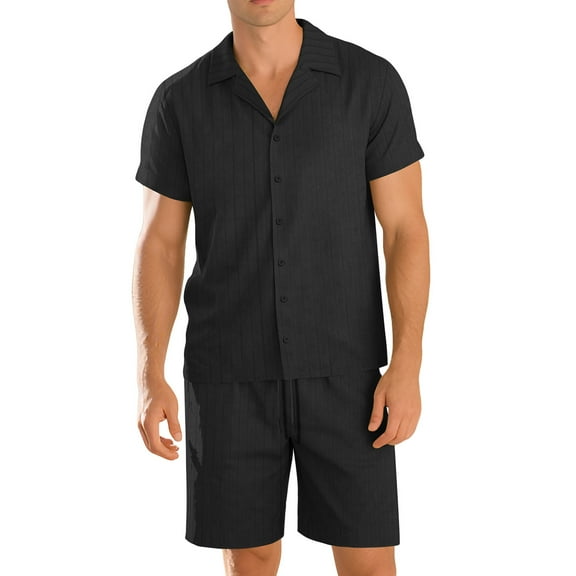 Men's Knitted Stripe Pajama Sets Lapel Short Sleeve Loungewear Relaxed Fit Nightgown Sets Button Down Pajama Top Comfort Casual Pjs Shorts Trendy 2025 Sleepwear Sets