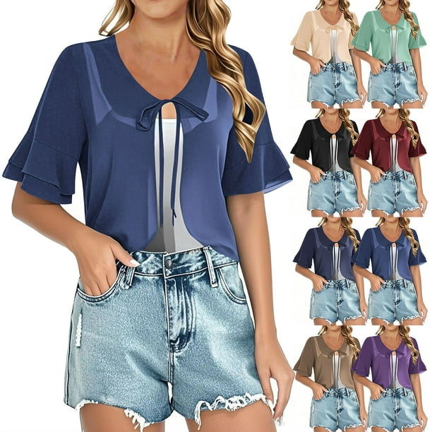 Cárdigan de gasa con volantes, prenda transparente con lazo frontal, top de verano de manga corta, corte holgado, poliéster, ideal para vestidos y ropa informal, sopatenor