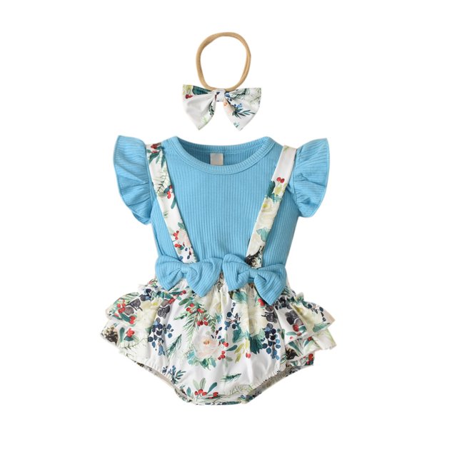 Body De Bebé, Conjunto De Canastilla, Monos Para Niñas Pequeñas, Moda, Estampado De Flores, Volantes, Mono De Manga Corta, Mono, Traje Con Lazo Azul Odeerbi LM103-8531