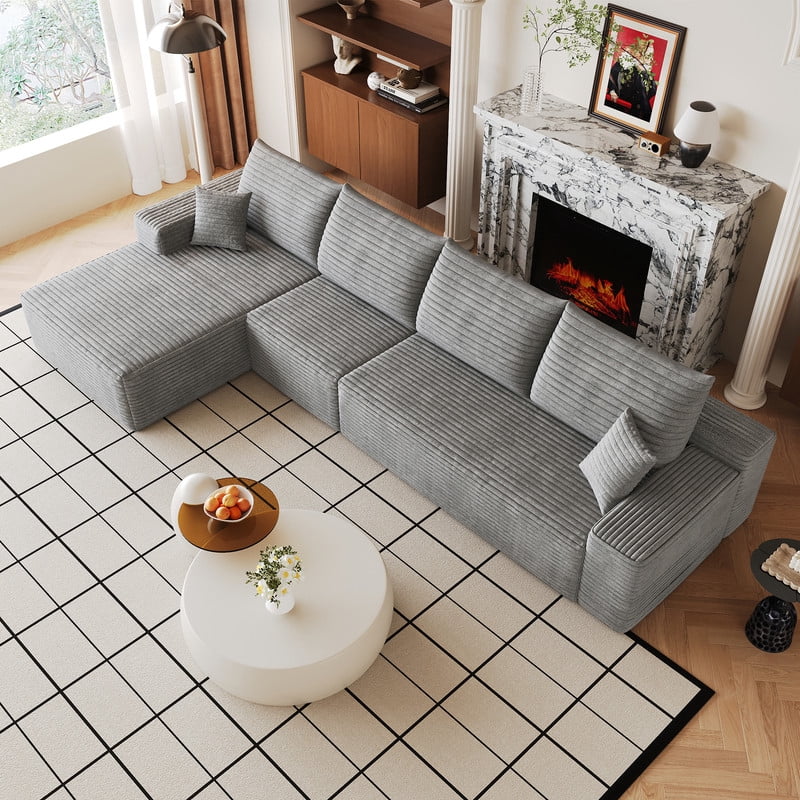 135" Cloud Sectional Sofa with Left Facing Chaise, Modern Modular Deep Seat Couch, Plush Corduroy Upholstered Sofa for Living Room, Bedroom, Apartment, No Assembly Required