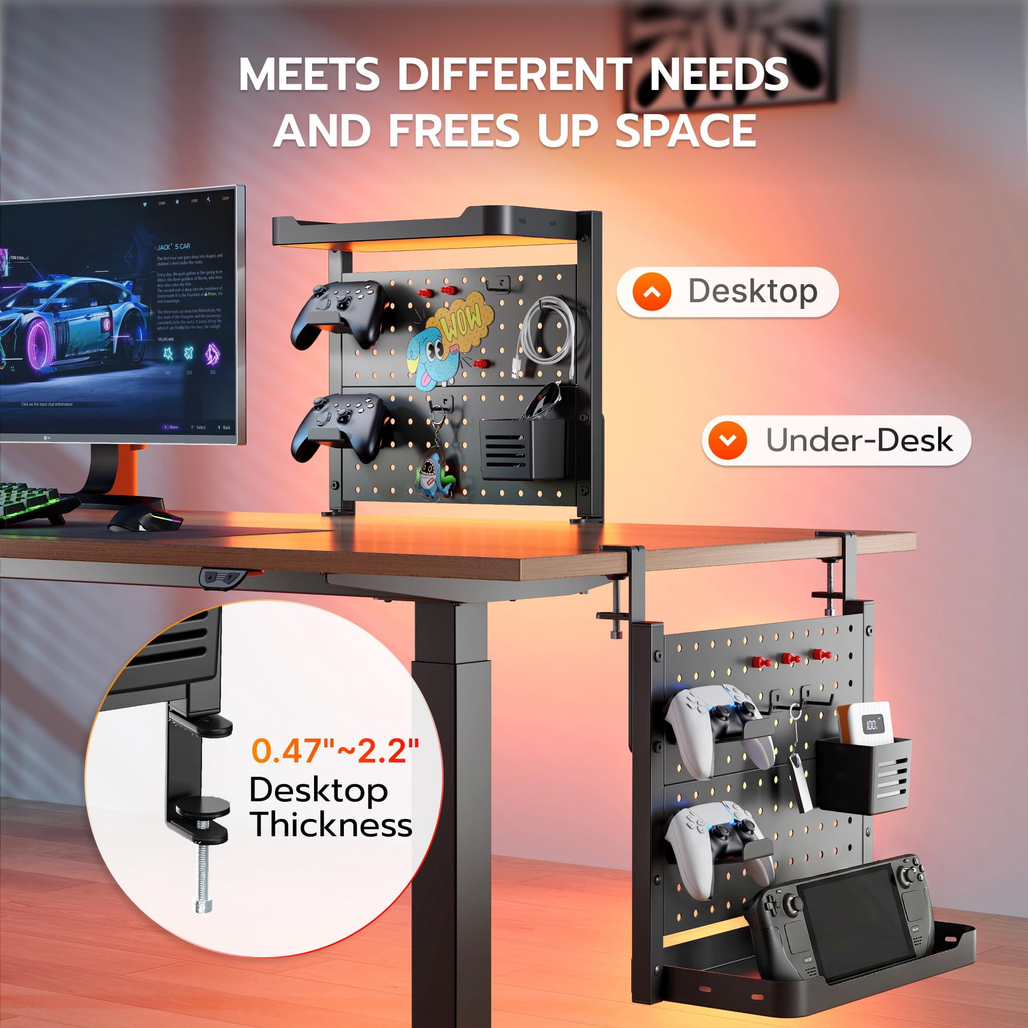 Desk Clamp On Pegboard With 16 Inches Organizer Shelf  Adjustable Above Or Under Storage Holds 44 Lbs Magnetic Metal Peg Board For Office And Gaming Accessories Black