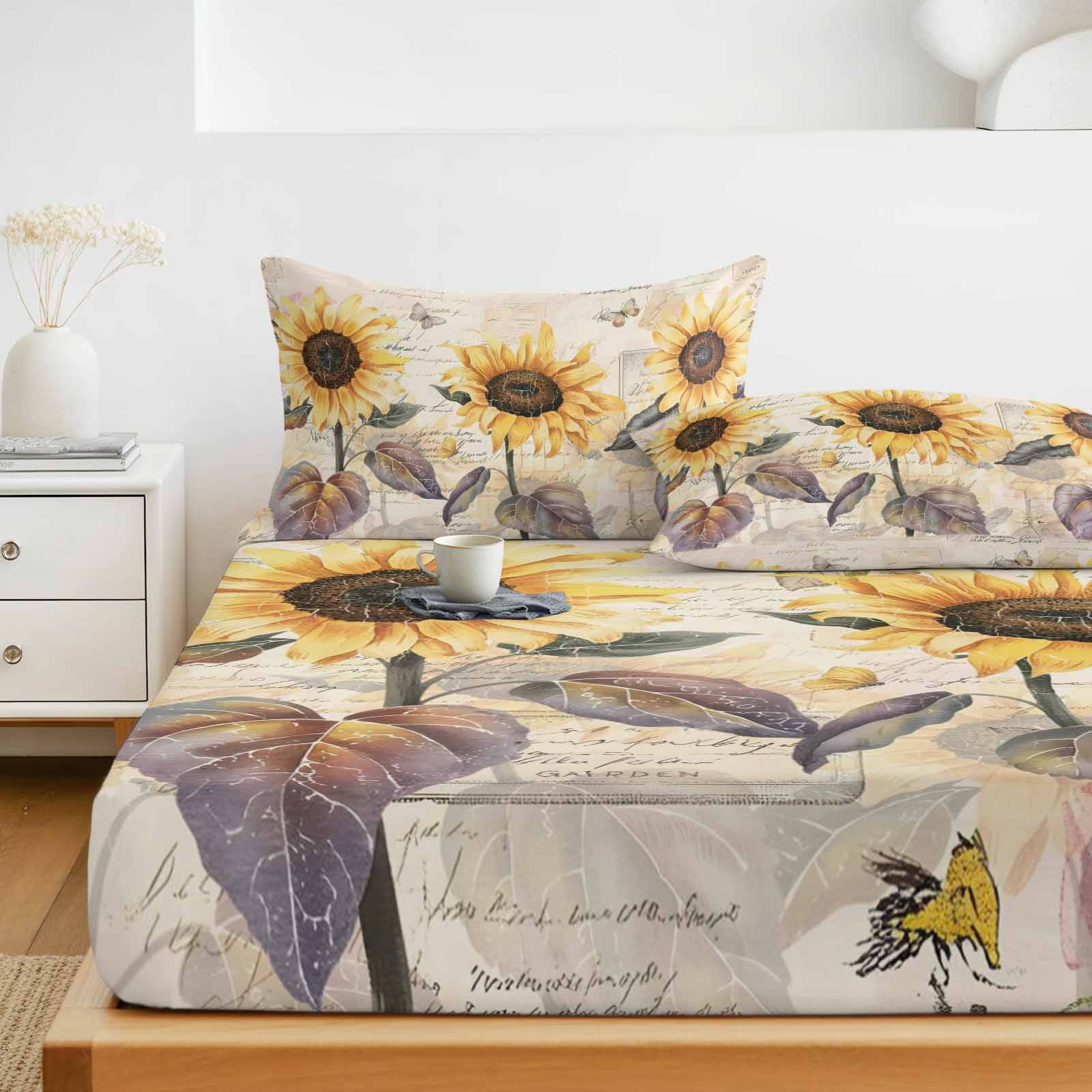 King Size Fitted Sheet Set - Sunflower Vintage 3 Piece Bedding Sets 16" Deep Pocket Fitted Sheet with 2 Pillowcases, Farmhouse Botanical Floral Butterfly Brushed Microfiber Hotel Luxury Bed Sheets