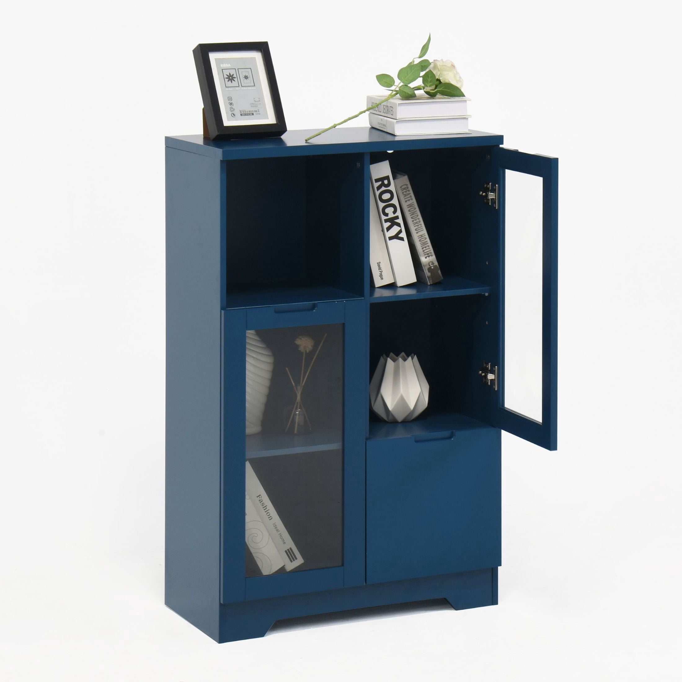 Noble House Storage Cabinet with Glass Doors and Drawer, Adjustable Shelves, Navy Blue