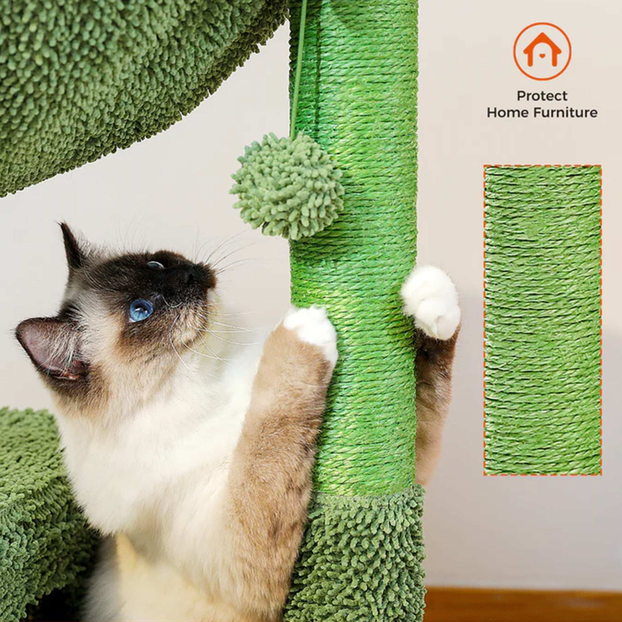 Pefilos 39" Cactus Cat Tree Tower with Sisal Covered Scratching Post, Cozy Condo with Fluffy Balls, Indoor Cat Condo for Multiple Cats, Green