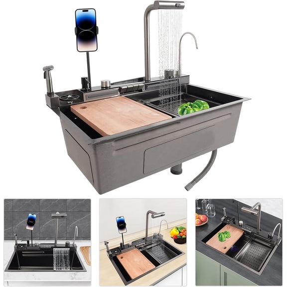 Digital Display Kitchen Sink,304 Stainless Steel Single Bowl Kitchen Sink,Digital Display Waterfall Sink with 360° Pull Faucet   Cup Washer,Dark Grey