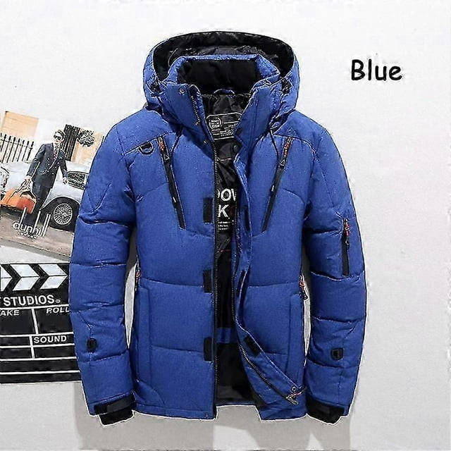 -30 winter men duck thick down jacket men snow parkas coat male warm winter down jacket outerwear Blue hooded thick down parka for men with white duck down filling, broadcloth shell, front zipper closure, zip chest and sleeve pockets, detachable hood, spliced panel details and polyester lining; regular length, full sleeves, fre3 label. Often used for cold-weather commuting and compact travel gear storage.