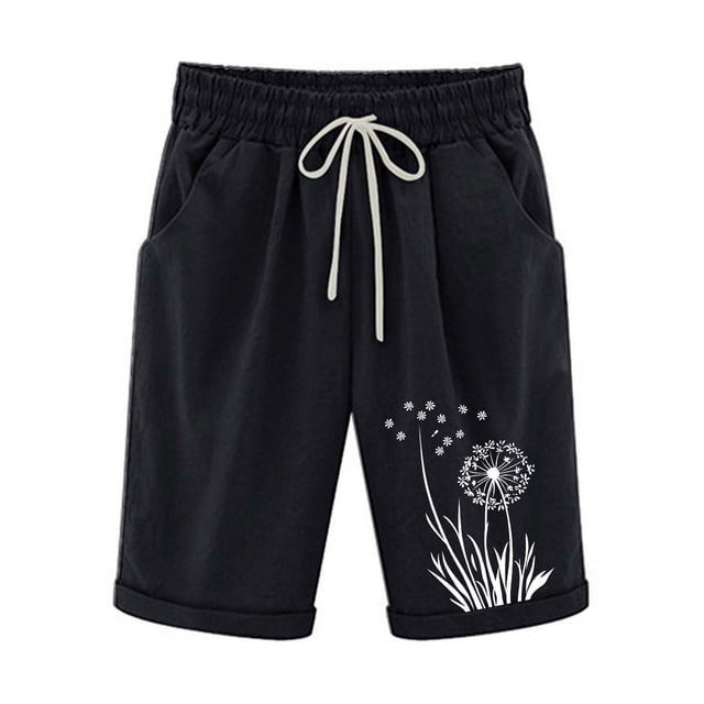 Pantalones Elásticos de la Cintura para las Mujeres Impresos Medias Pantalones Cortos, Bolsillos Casuales Poliéster para Toda la Temporada