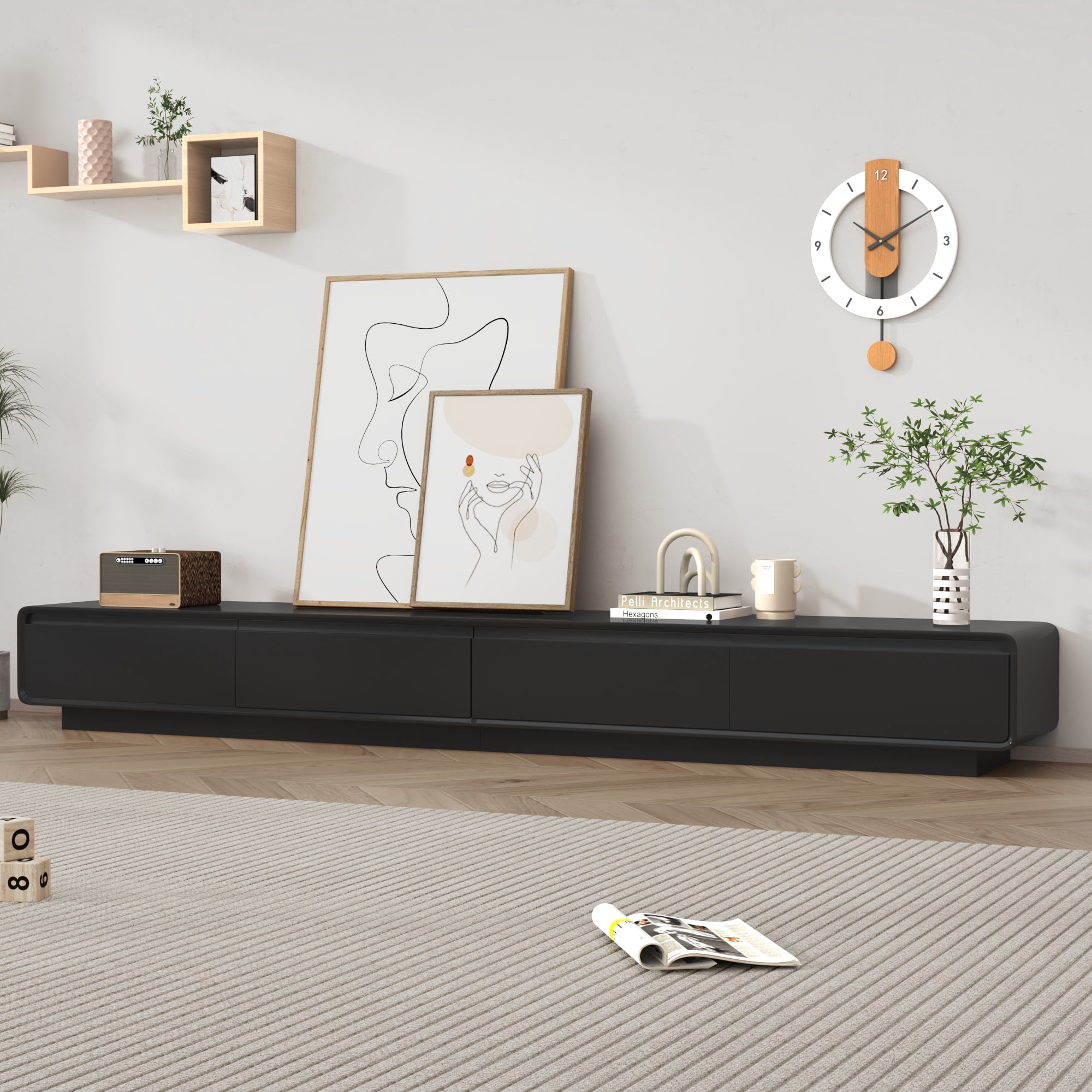 Blotout 94.5'' Minimalist Floating TV Stand, Modern Wall-Mounted Media Console with 4 Drawers for Wall-mounted TV Up to 110'', Black
