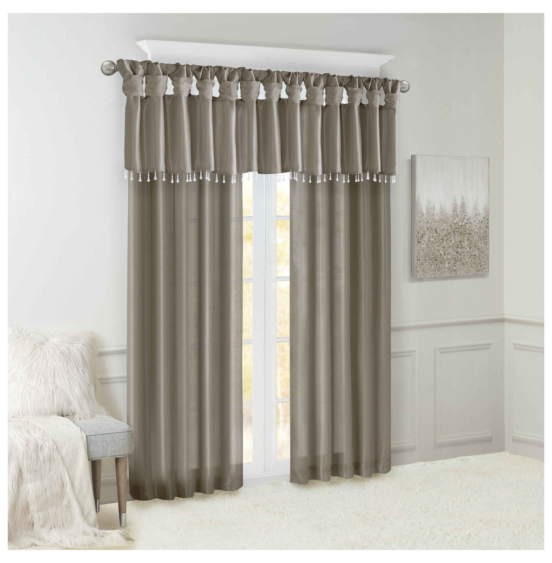 Lightweight Faux Silk Valance With Beads Pewter 50x26"