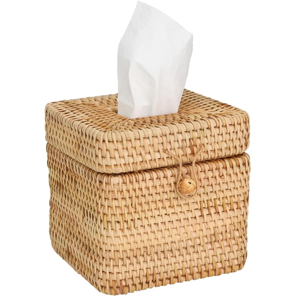 RVKXHD Modern Tissue Box Cover Hand Woven Rattan, Square Tissue Holder with Lid, for Home and Office,Natural Color