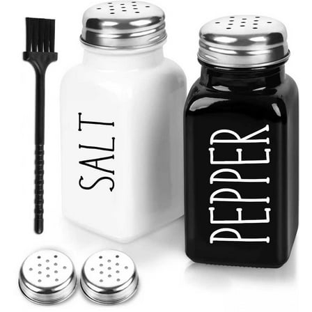 Salt And Pepper Shakers Set, Black White Glass Salt Shaker Sets With Stainless Steel Lids, Farmhouse Salt And Pepper Shakers for Cooking, Picnic, Camping, Barbecue-Modern And Cute Kitchen Decor