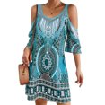 thumbnail image 1 of Vestido Alto Bajo para las Mujeres de Hombro Frío Cuello Redondo Impresión Bohemia Media Manga Mini Patinador Ropa de Playa de Verano Casual, 1 of 7