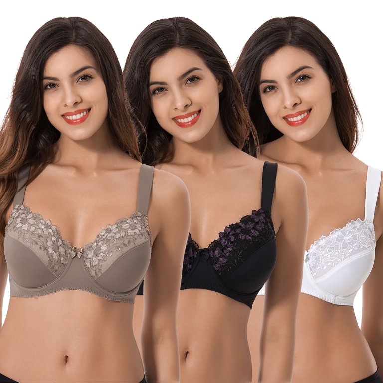 Curve Muse Plus Size Minimizer Underwire Bra with Embroidery Lace-3Pack