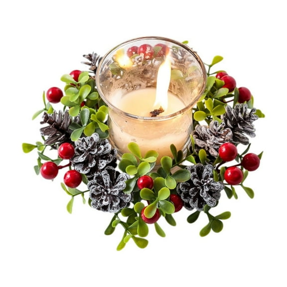 Christmas Candle Rings with Red Berries, Artificial 3 Inch Mini Wreaths for Pillar Candles, Winter Candle Holder Centerpiece for Xmas Table Wedding Door Tabletop Decoration