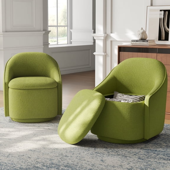 LINSY HOME 360° Swivel Accent Chair Set of 2 with Hidden Storage, Modern Upholstered Barrel Chair for Living Room, Bedroom, Green