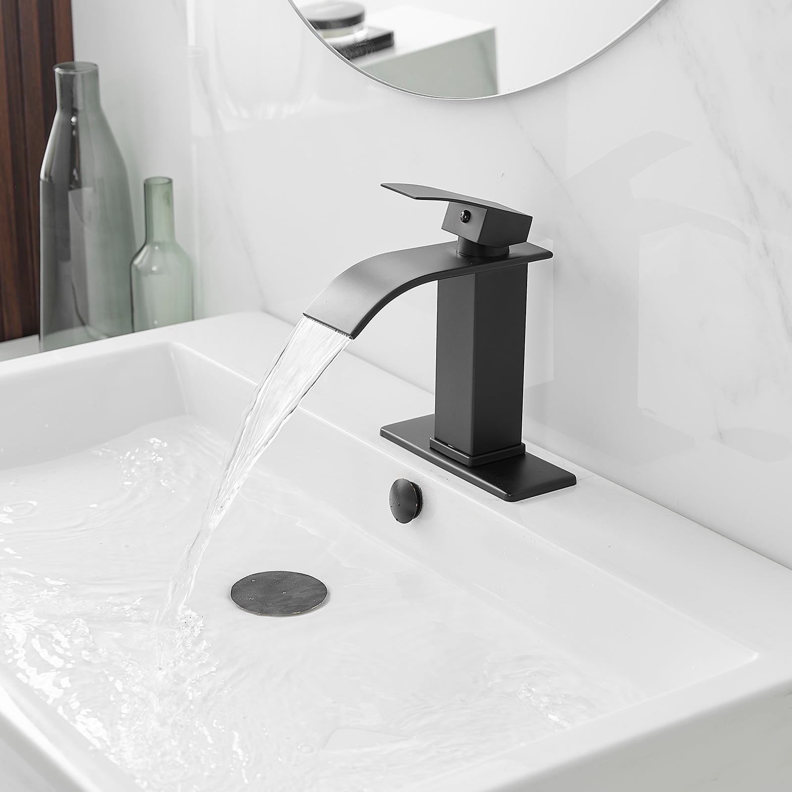 Open Box Waterfall Single Handle Single Hole Low-Arc Bathroom Faucet Bathroom Drip-Free Vanity Sink Faucet in Matte Black