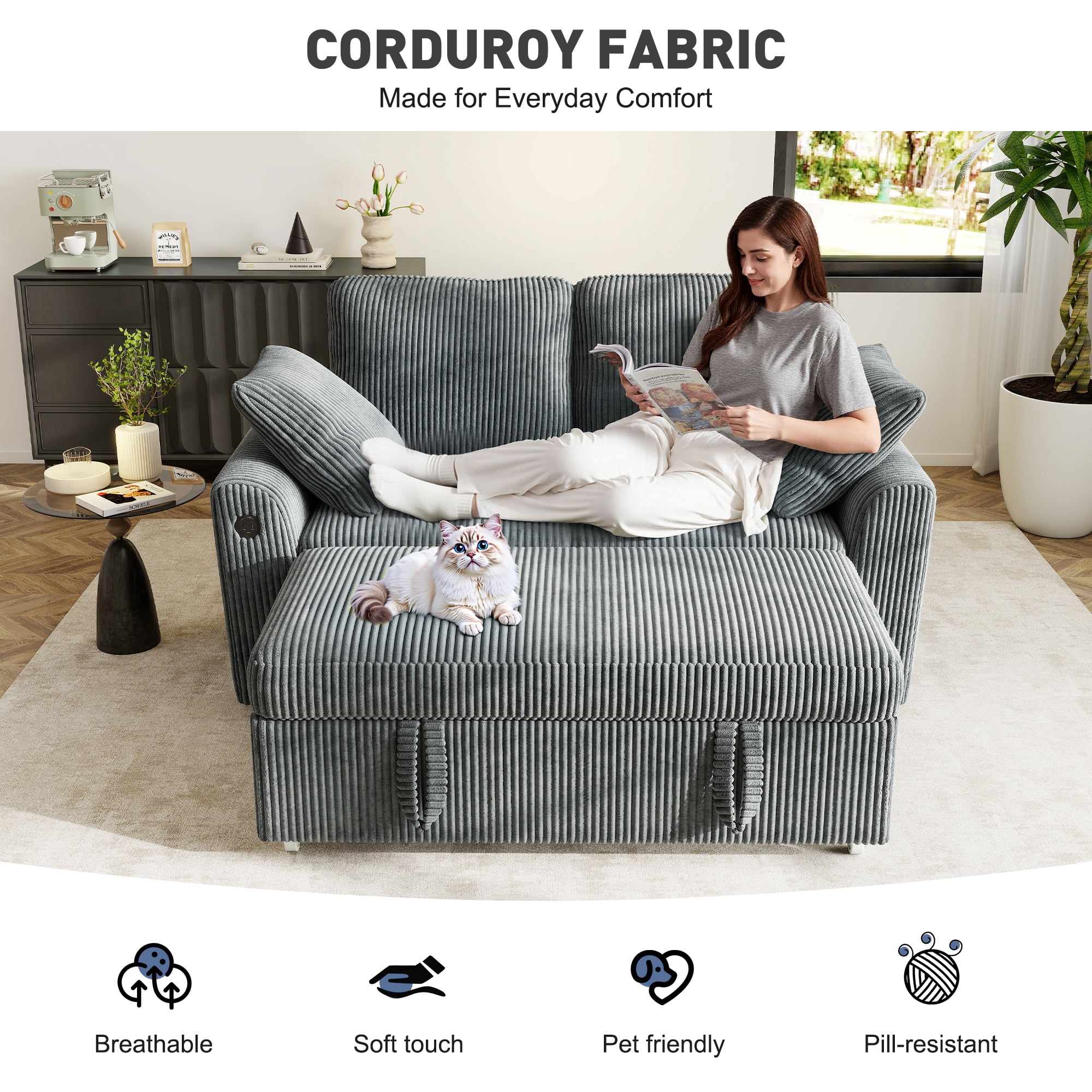 BedLuxury 59" Loveseat With Pull Out Bed, Sleeper Sofa Bed With USB Charging & Side Storage for Small Spaces, Corduroy Gray